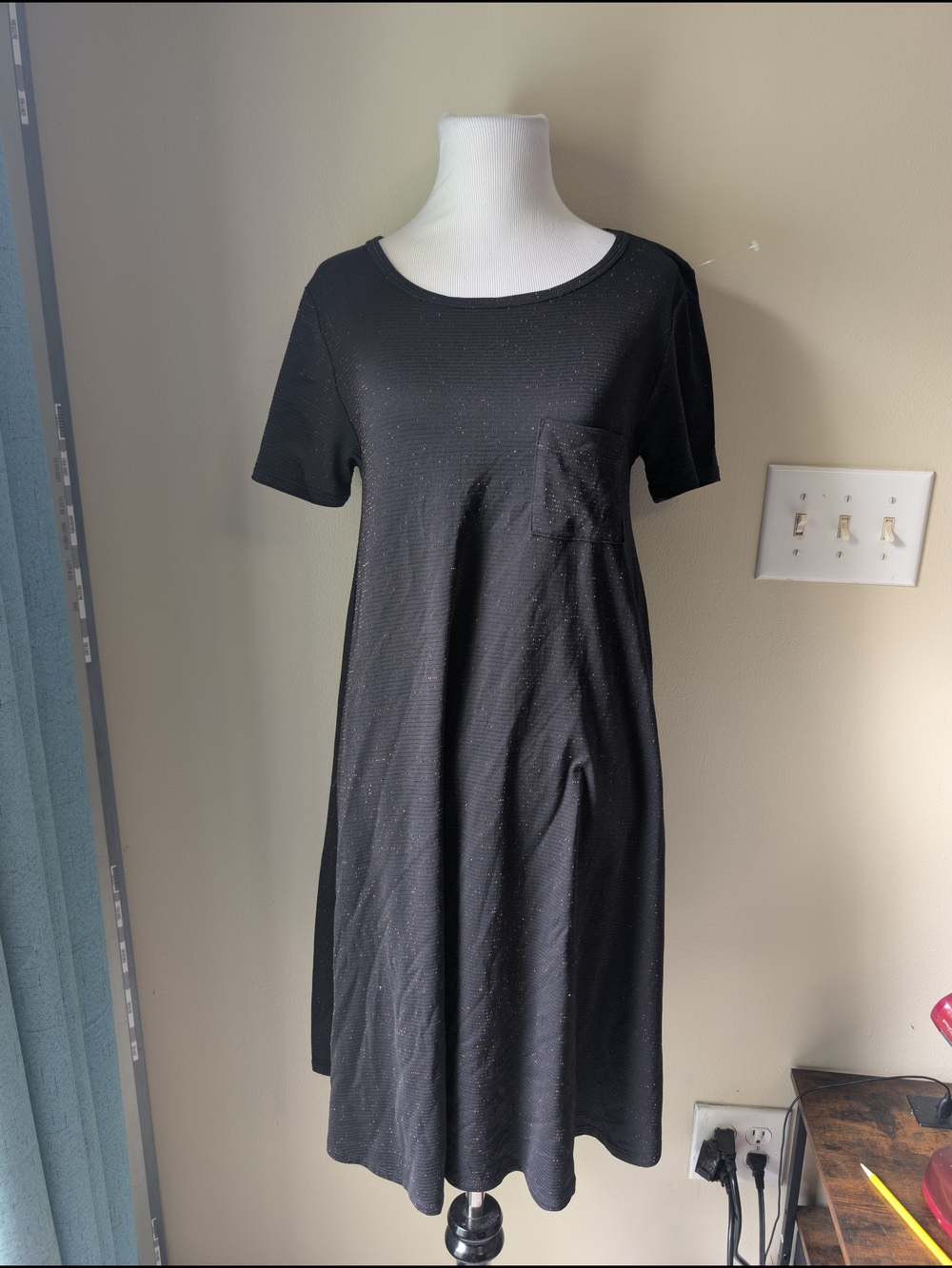 LuLaRoe Black Short-Sleeve Maxi Swing Dress with Pocket And Metallic Gold